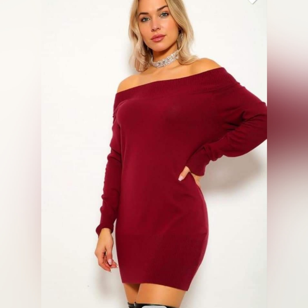 Wine Off The Shoulder Sweater Dress